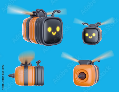 Robot bee various view in realistic cartoon style. Creative technology character for game, mascot isolated on blue background. Cute futuristic 3d illustration.