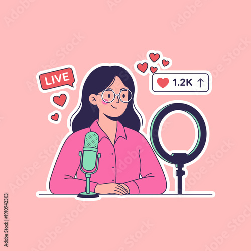 Female content creator broadcasting live stream with microphone and ring light receiving many hearts and likes on social media platform