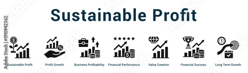 Sustainable Profit  Modern and clean web banner illustration vector featuring thematic icons