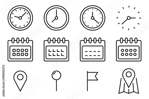Time, date, and location icons. Clock, address, calendar sign symbol.