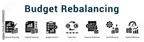 Budget Rebalancing  Modern and clean web banner illustration vector featuring thematic icons