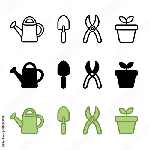 Essential Garden Maintenance Icon Set with Watering Can, Hand Trowel, Garden Shears and Plant Pot for Farming and Landscaping Design Projects