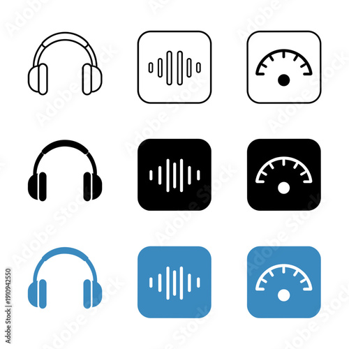 Professional audio and sound wave icons with headphones and frequency visualizer meters in various styles for music production and podcasting