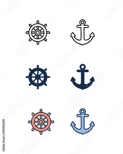 Nautical maritime symbol set with ship steering wheel and anchor in thin line solid and colorful styles for ocean travel and sailing design