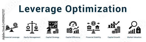 Leverage Optimization  Modern and clean web banner illustration vector featuring thematic icons