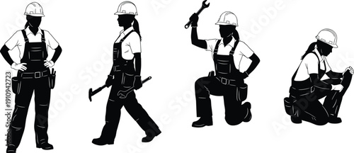 Female construction worker silhouette set showing multiple working poses isolated on gray background for labor, industry, safety, illustration, and graphic design use