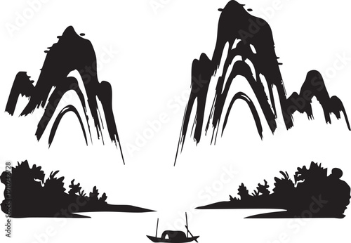 Serene silhouette of mountains and trees framing a tranquil lake scene with a small boat from a distant viewpoint