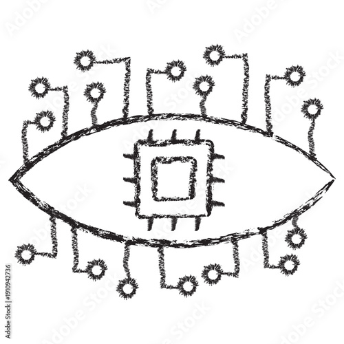 Vector icon of a digital eye with a microchip pupil and circuit connections. Dark brown charcoal sketch on transparent background. Hand-drawn concept for computer vision and iris recognition