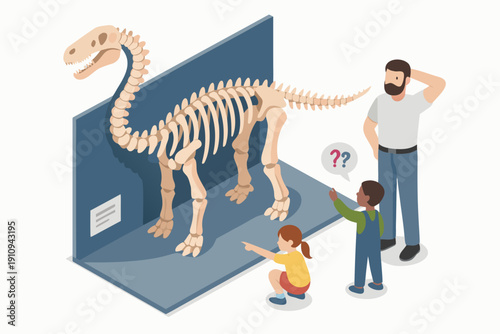 A family of three explores a dinosaur skeleton on display at a museum