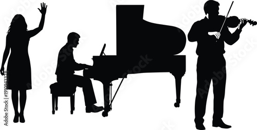Collection of black silhouettes featuring a female vocalist waving a male pianist playing a grand piano and a violinist performing on a white background