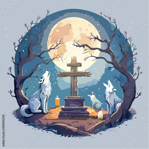 Pack of wolves howling at the full moon near a cross and tombstone
