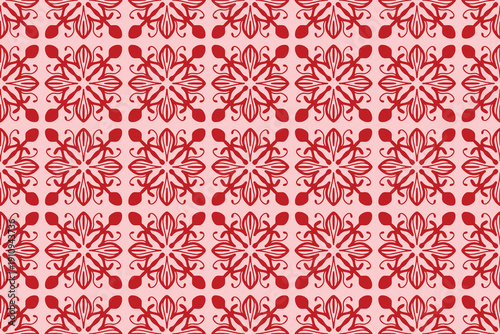 Seamless vintage floral and damask pattern with red hearts featuring ornamental vector textures for elegant wallpaper fabric and antique textile design
