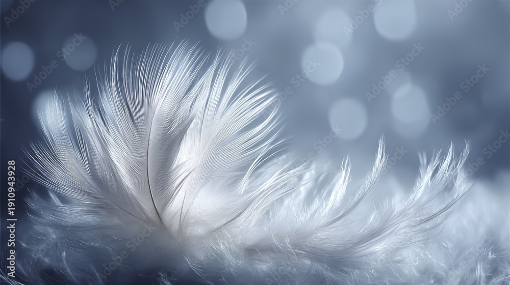Obraz premium Close-up of a white feather with soft, delicate barbs against a blurred blue background featuring bokeh light effects.