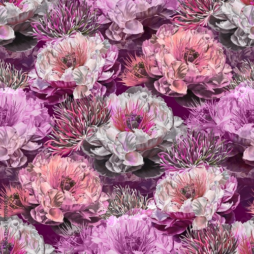 Bilde på lerret Abstract watercolor peony flower creative allover design seamless floral pattern