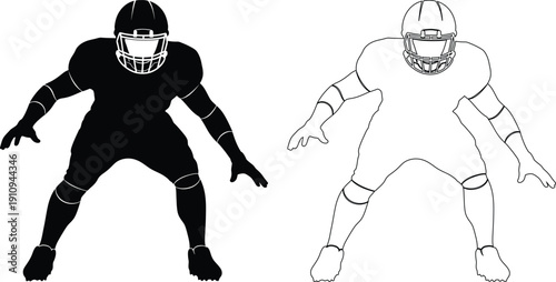 Contrast between a fully outfitted football player and a player in basic gear.