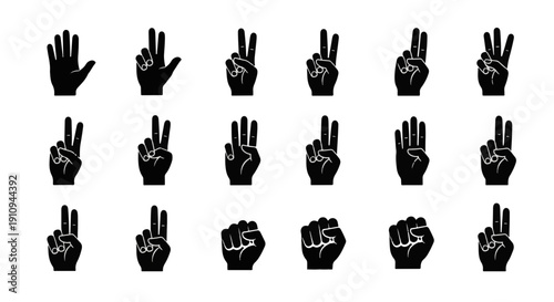 Set of 21 Hand Gestures Showing Numbers from Zero to Twenty in Silhouette Against a Black Background Clean Design