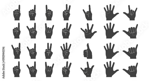 Collection of Dark Gray Hand Gestures and Signals Including Numbers One Through Five and Rock On Against Black Background