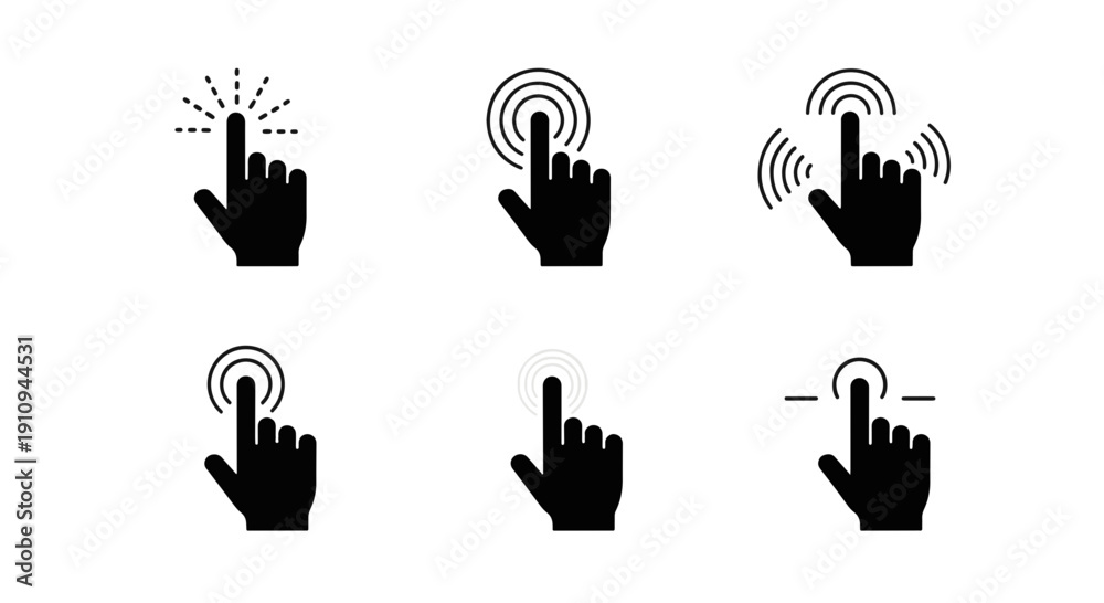 Fototapeta premium Collection of Six Dark Gray Icons Depicting a Human Finger Interacting with a Digital Interface Each with Distinct Visual Effects Suggesting Touch Gestures and Commands
