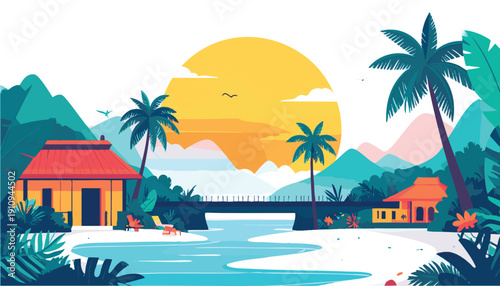 vector Tropical Summer Oasis with Palm Trees