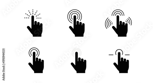 Collection of Six Dark Gray Icons Depicting a Human Finger Interacting with a Digital Interface Each with Distinct Visual Effects Suggesting Touch Gestures and Commands
