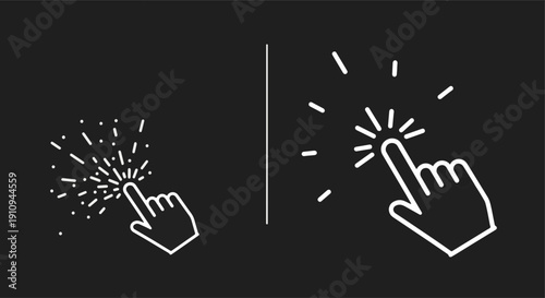 Hand Cursor Icon with Sparkling Light Bursts and Radiating Lines Indicating a Click Action or Interaction on a Dark Gray Background Isolated Vector Graphic