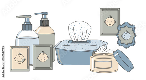 Collection of Baby Care Essentials Including Pump Bottles Wet Wipes and Cream Illustrated with Simple Baby Faces