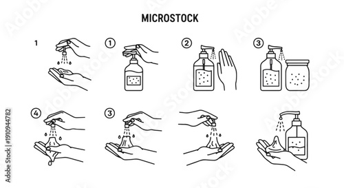 Step by step Illustrated Guide Showing How to Properly Wash Hands with Soap and Water and Apply Hand Sanitizer for Hygiene and Cleanliness