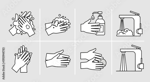 Hands Washing Sequence Showing Soap Lathering Rinsing Under Water and Using Hand Sanitizer for Hygiene