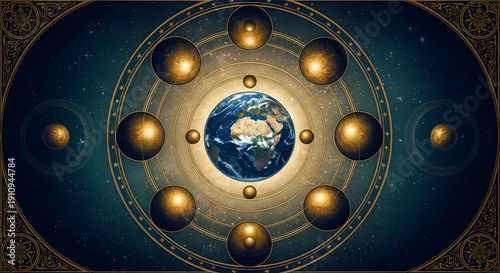 A celestial orrery or astronomical clock with Earth at its center, surrounded by glowing spheres and ornate golden patterns, suggesting a cosmic or mystical theme