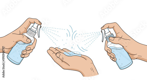 Person Spraying Antiseptic Liquid Sanitizer from Two Bottles Onto Cupped Palm Hands for Hygiene and Disinfection Black Background Clear Illustration