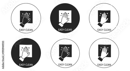 Six Monochromatic Circular Icons Showcasing a Hand Wiping a Surface with a Cloth with Sparkling Stars Indicating Cleanliness and the Text easy Clean Below Each Graphic