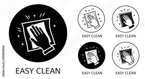 Detailed Line Art of a Hand Wiping a Surface with a Cloth Surrounded by Sparkling and Shining Effect Icons Representing Ease of Cleaning and Hygiene for Household or Commercial Products