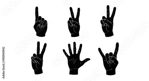Collection of Six Stylized Hands Demonstrating Numbers One Through Five and a Full Open Palm Depicted in a Simple White Line Art on a Black Background