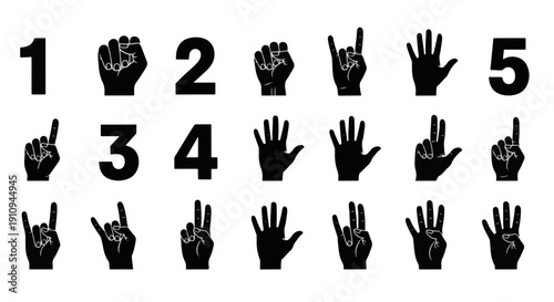 Collection of Silhouette Hands with White Outlines Showing Numbers One to Five Arranged in a Grid Pattern for Learning or Counting Concepts