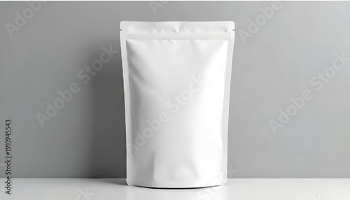 A white stand-up pouch with a resealable zipper on a clean surface