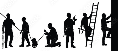 Collection of black construction worker silhouettes featuring laborers in hard hats using tools climbing ladders and pushing equipment isolated on white background for industry