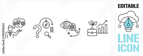 Editable line icon set in a black simple and clean vector outline stroke for creativity to help see business opportunity, vision discover new solution or idea, curiosity, searching for success concept