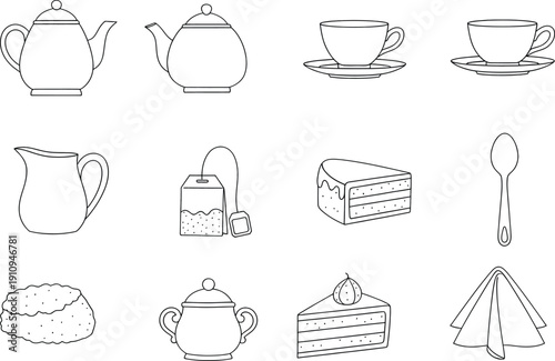 Black and white kitchen tea set icons collection vector illustration minimalist design