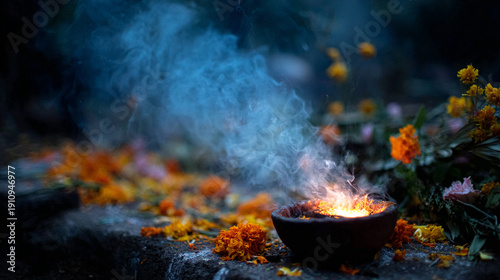 Wallpaper Mural Close-Up Cinematic Shot of Burning Incense and Scattered Marigold Flowers, Creating Aromatic Smoke Torontodigital.ca