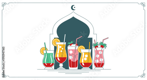 Ramadan Refreshing Drinks Illustration with Mosque Silhouette, Traditional Iftar Beverage Vector for Greeting Cards and Menus
