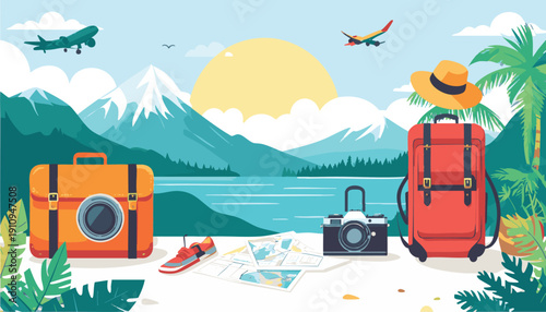 vector Illustration of travel gear on a beach with mountains and airplanes in the background