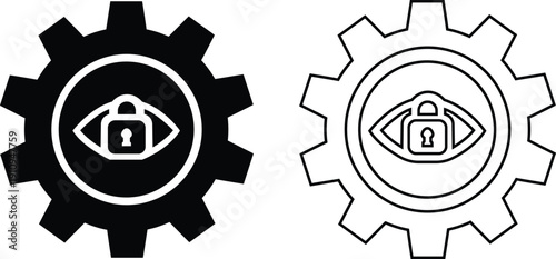 Illustration of black and white gear icons with eye and padlock security symbol