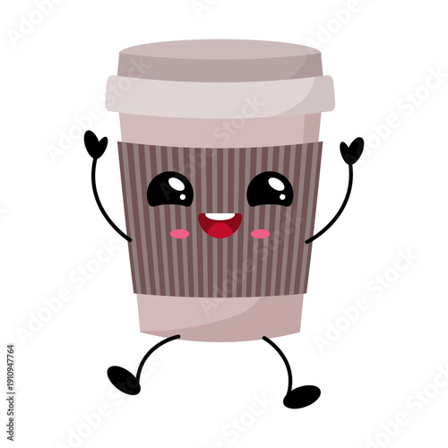 Cute paper coffee cup, character with kawaii emotions, laughing and jumping for joy.
