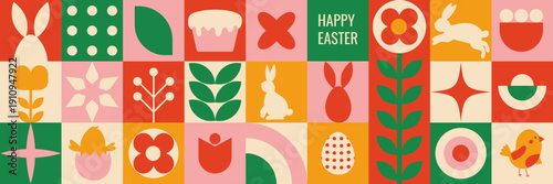 Colorful celebration Easter banner using spring motifs and female symbols