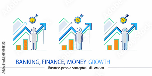 Rising home values and financial growth illustrated with people and charts
