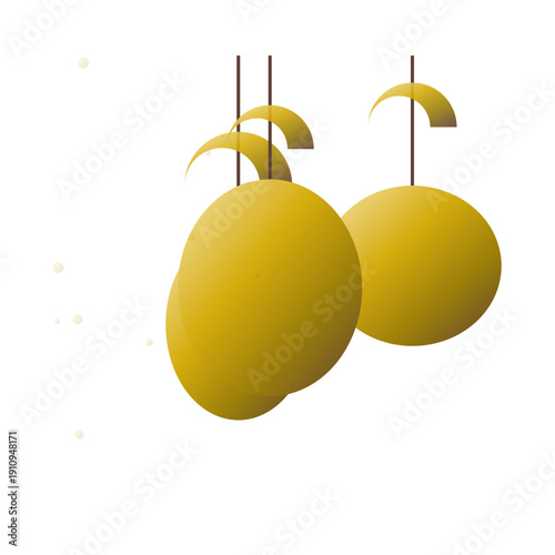 Two yellow lemons hanging from sticks on a white background.