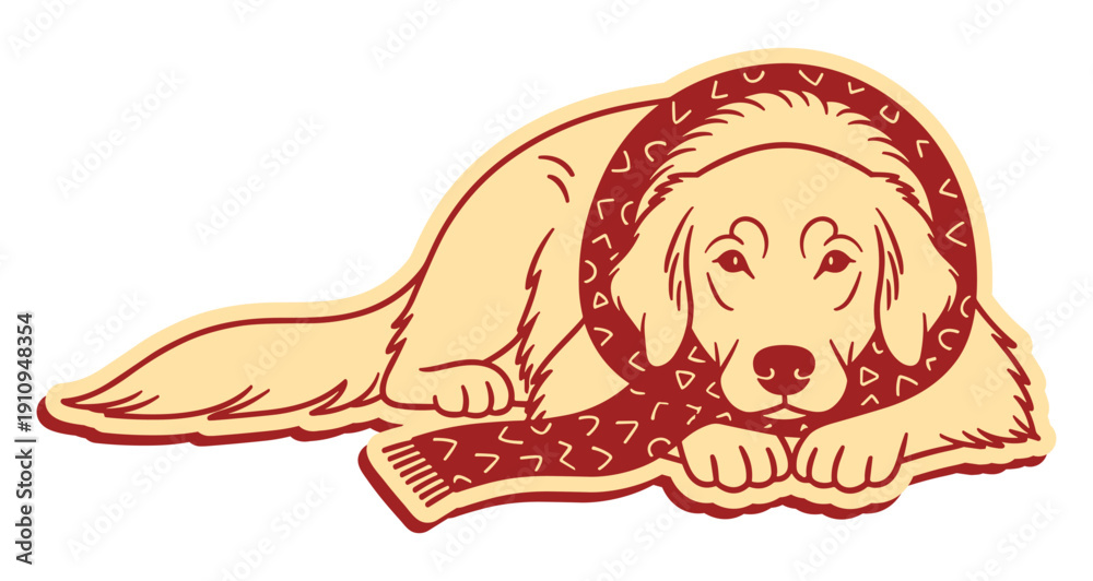 Fototapeta premium lying golden retriever dog wearing a red scarf doodle sketch