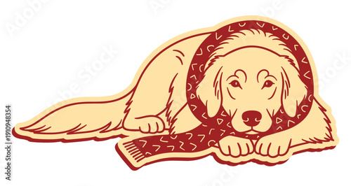 lying golden retriever dog wearing a red scarf doodle sketch
