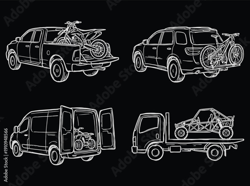 Transportation of Sports Equipment Set Chalkboard Style Line Art Collection