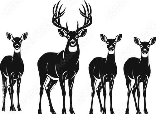 Canvas Print Black silhouette of a deer family featuring a large trophy buck with antlers and